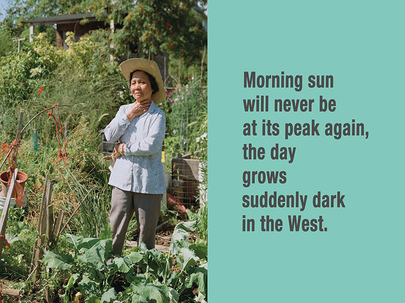 A woman pictured wearing a sunhat in a garden. Text beside the image reads: Morning sun will never be at its peak again, the day grows suddenly dark in the West.