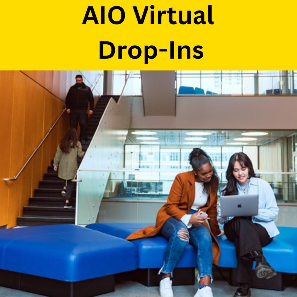 Two students sitting together in an atrium while looking on one of their laptops. Text reads AIO Virtual Drop-Ins