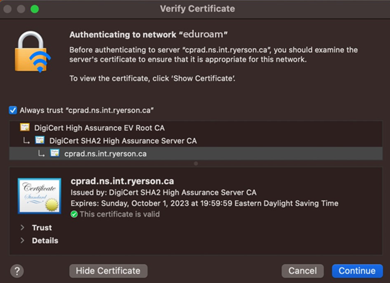 eduroam certificate details highlighting “cprad.ns.int.ryerson.ca” certificate name