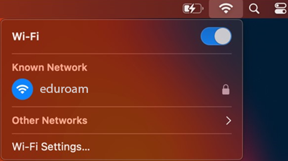 Mac OSX Wi-Fi menu with eduroam network appearing as connected