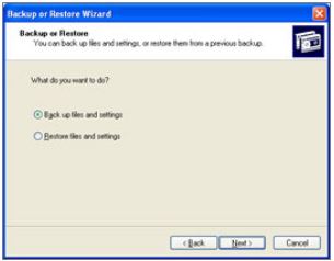 Resulting window. select 'Back up files and settings' then click Next.