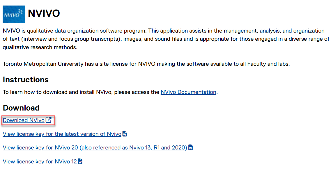 The webpage displays the download option for NVivo software highlighted in red for TMU faculty and staff. 