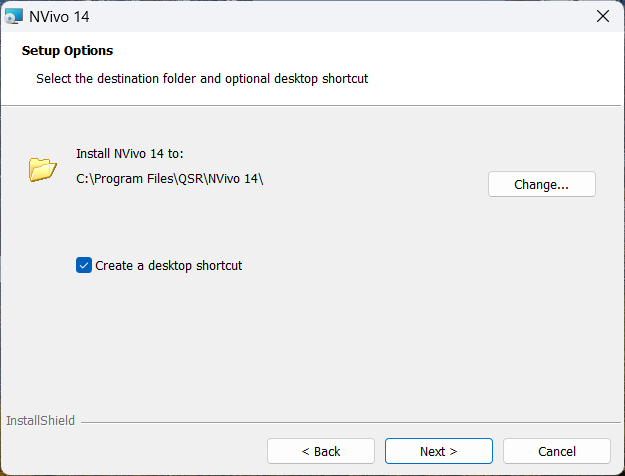 Select the destination folder and optional desktop shortcut screen
