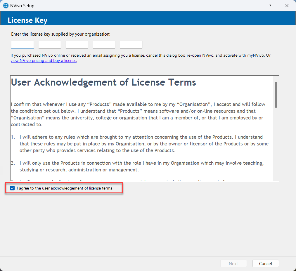 The user is directed to enter their five-digit license key to begin the software.