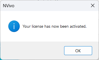 The NVivo license has been activated screen