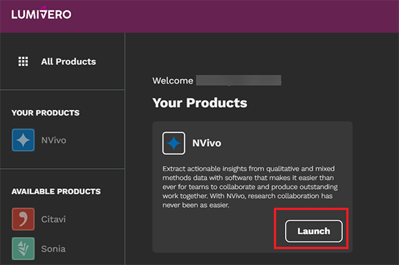 Website with the products.  Select Nvivo and then Launch.