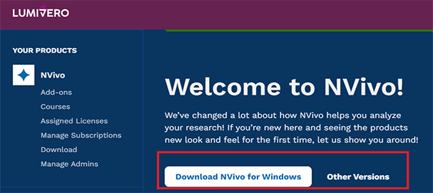 Welcome to Nvivo screen.  Choose your operating system to download