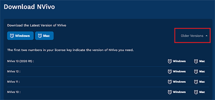 Choose your operating system to download or a previous version of Nvivo