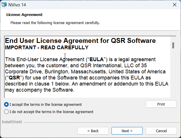 License agreement screen for Nvivo14