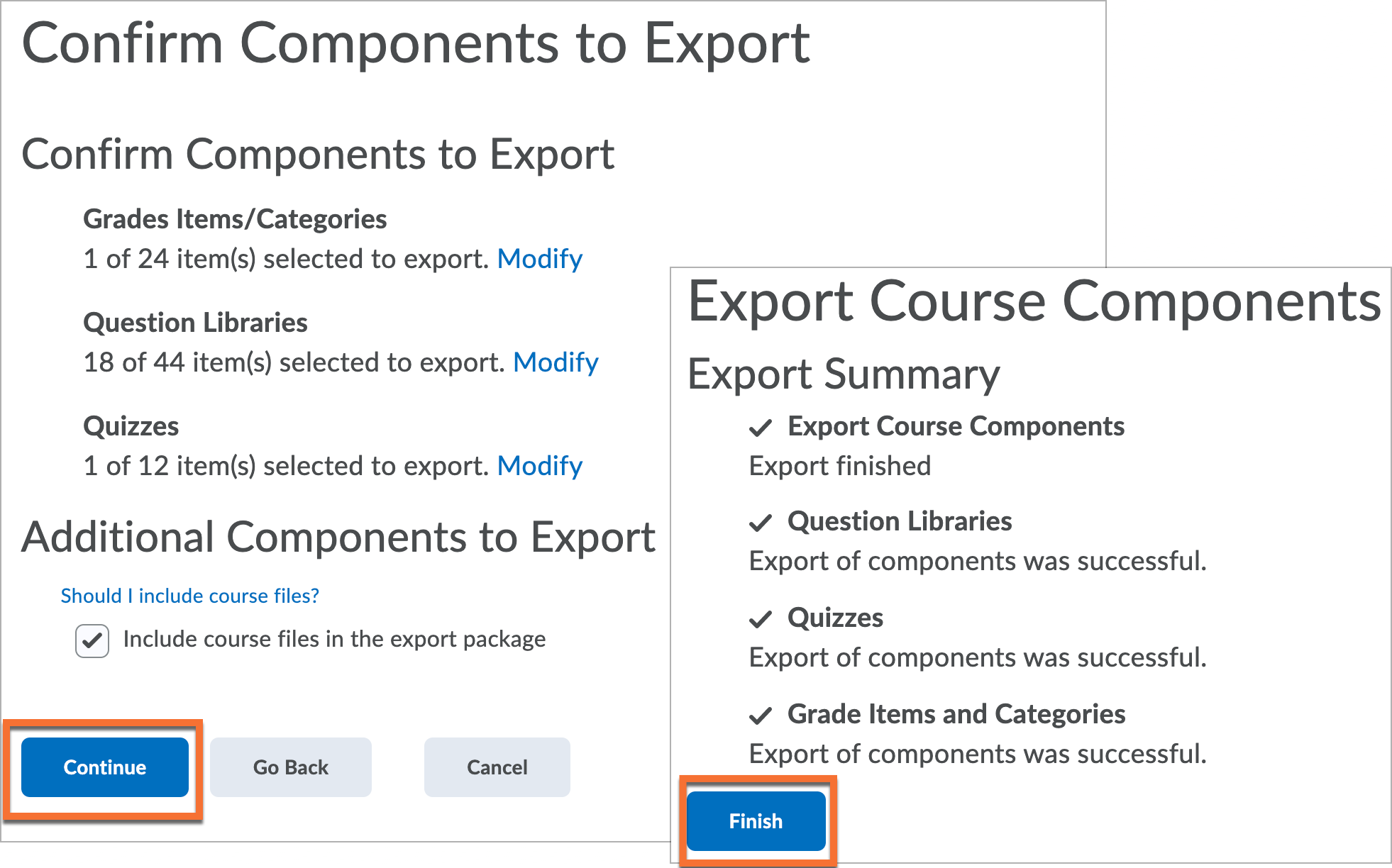 Export confirmation and summary pages