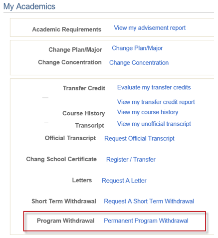 Permanent Program Withdrawal option highlighted in the My Academics menu.