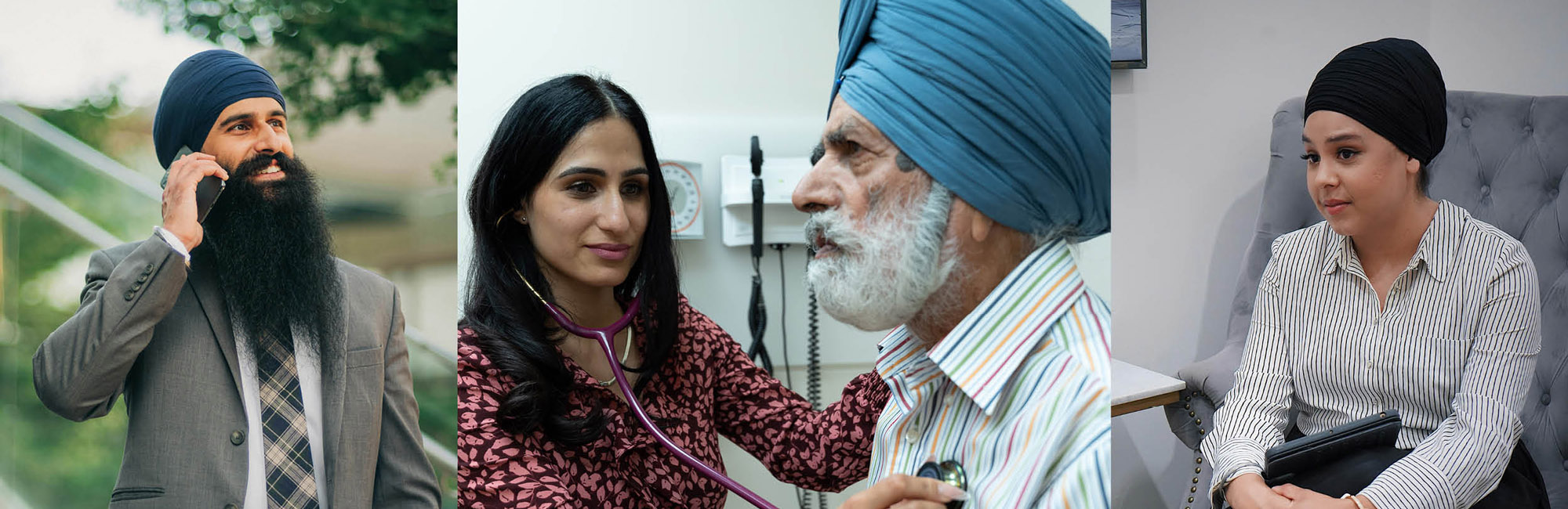Sikh faculty and staff at TMU engaging in work, including meeting with colleagues and visiting with patients