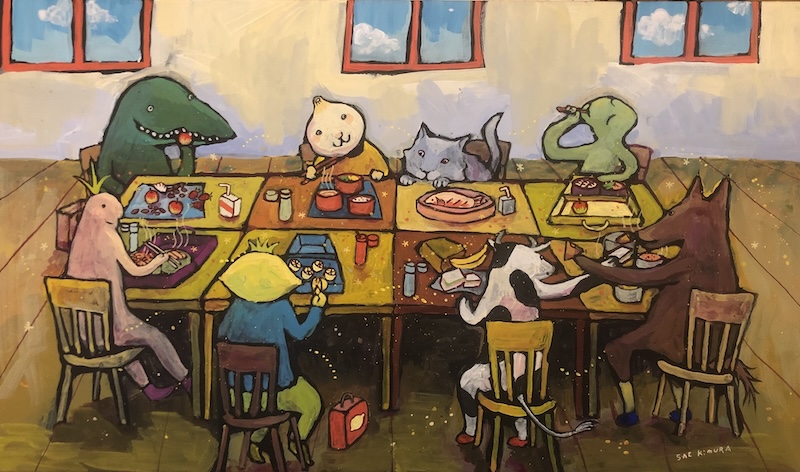 Illustration of anthropomorphic animals and vegetables eating together at a table 
