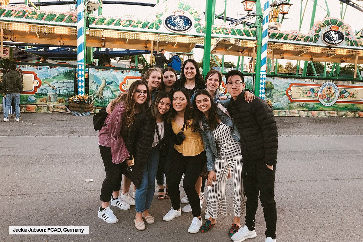 Toronto Metropolitan University FCAD student, Jackie Jabson, poses with a group of friends during trendwatching short-term program in Stuttgart, Germany.