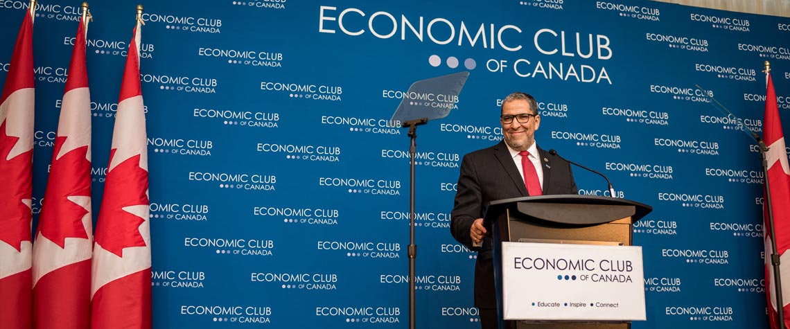 Ryerson President Mohamed Lachemi speaking at Economic Club of Canada