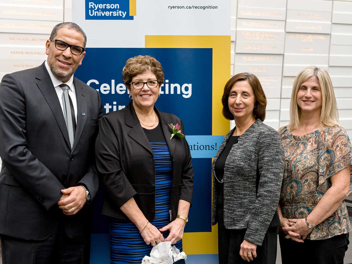 From left: President Mohamed Lachemi; retiree Maria Meneses; Vice-Provost, Academic Marcia Moshé; and Julie Zahab