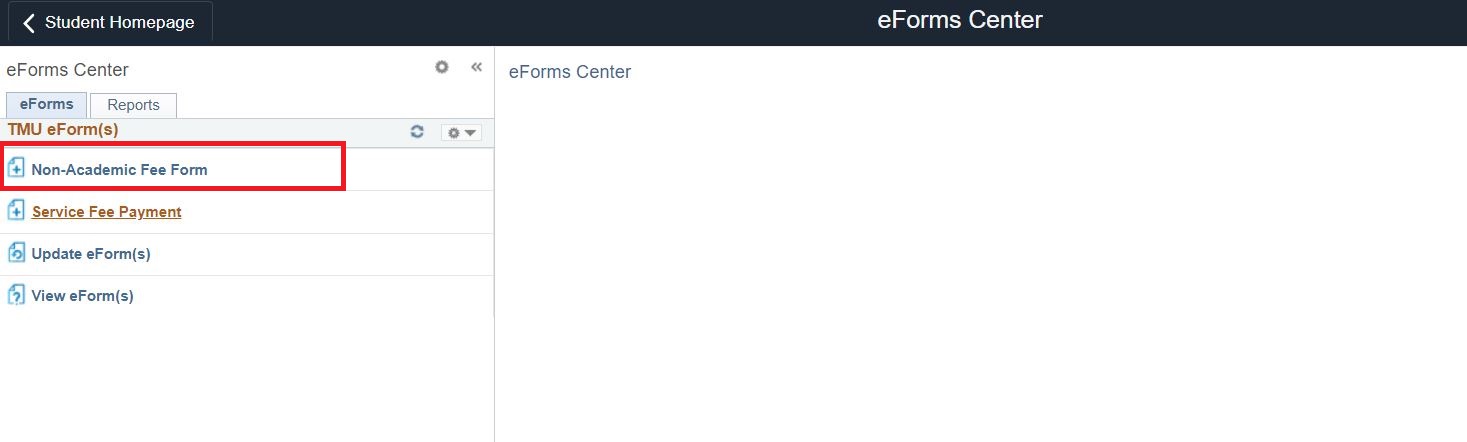 Non-academic Fee Form highlighted in the eForms Center page.