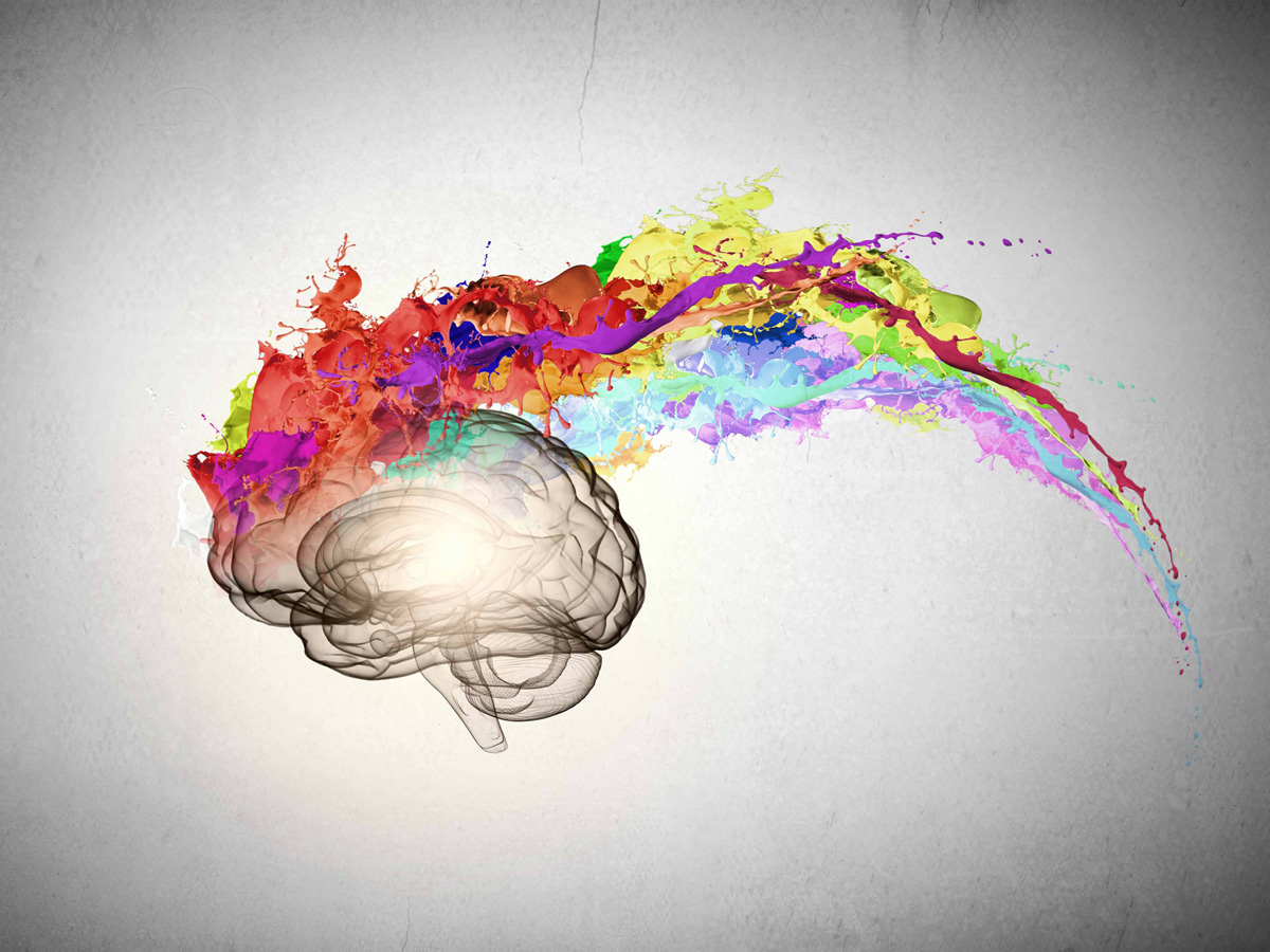 Conceptual image of human brain in colorful splashes