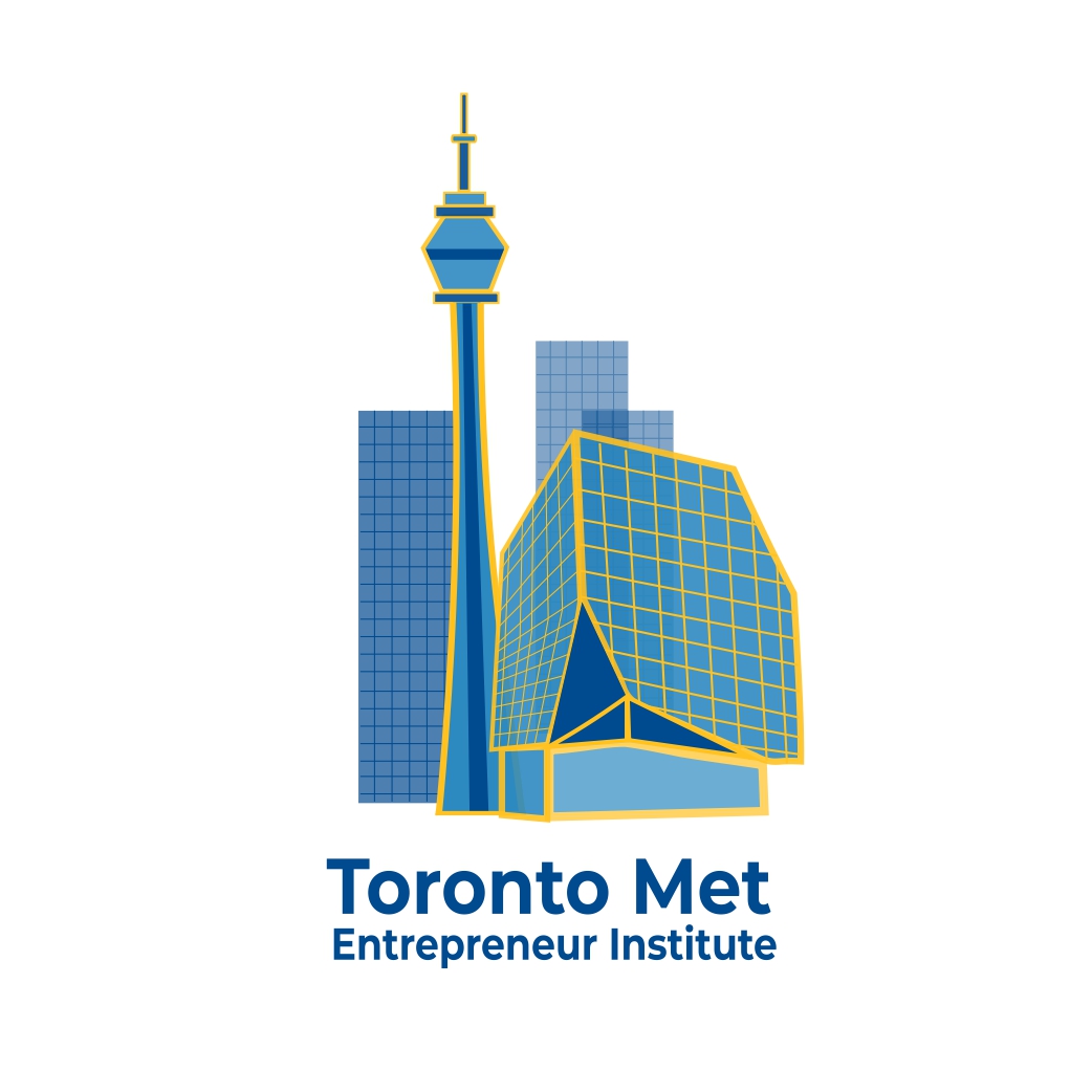 Logo of the Toronto Met Entrepreneur Institute which shows the CN tower beside TMU's Student learnign center