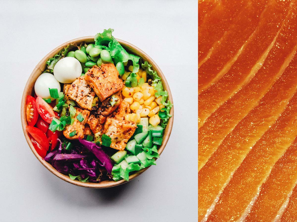 Two images: a salad bowl of mixed vegetables, eggs and plant protein on a white surface beside a close-up texture of salmon flesh.