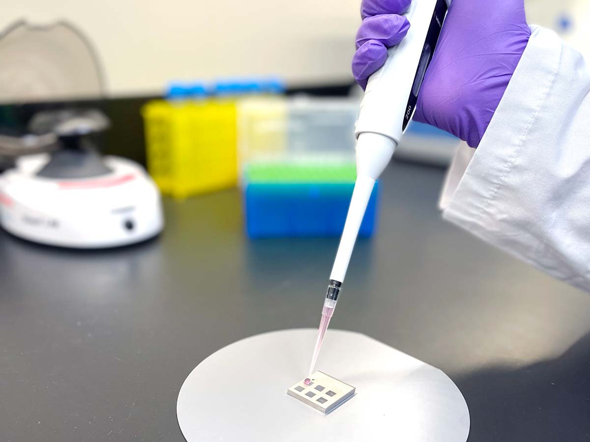 A researcher’s latex-gloved hand uses a pipette to place a drop on a square testing device.