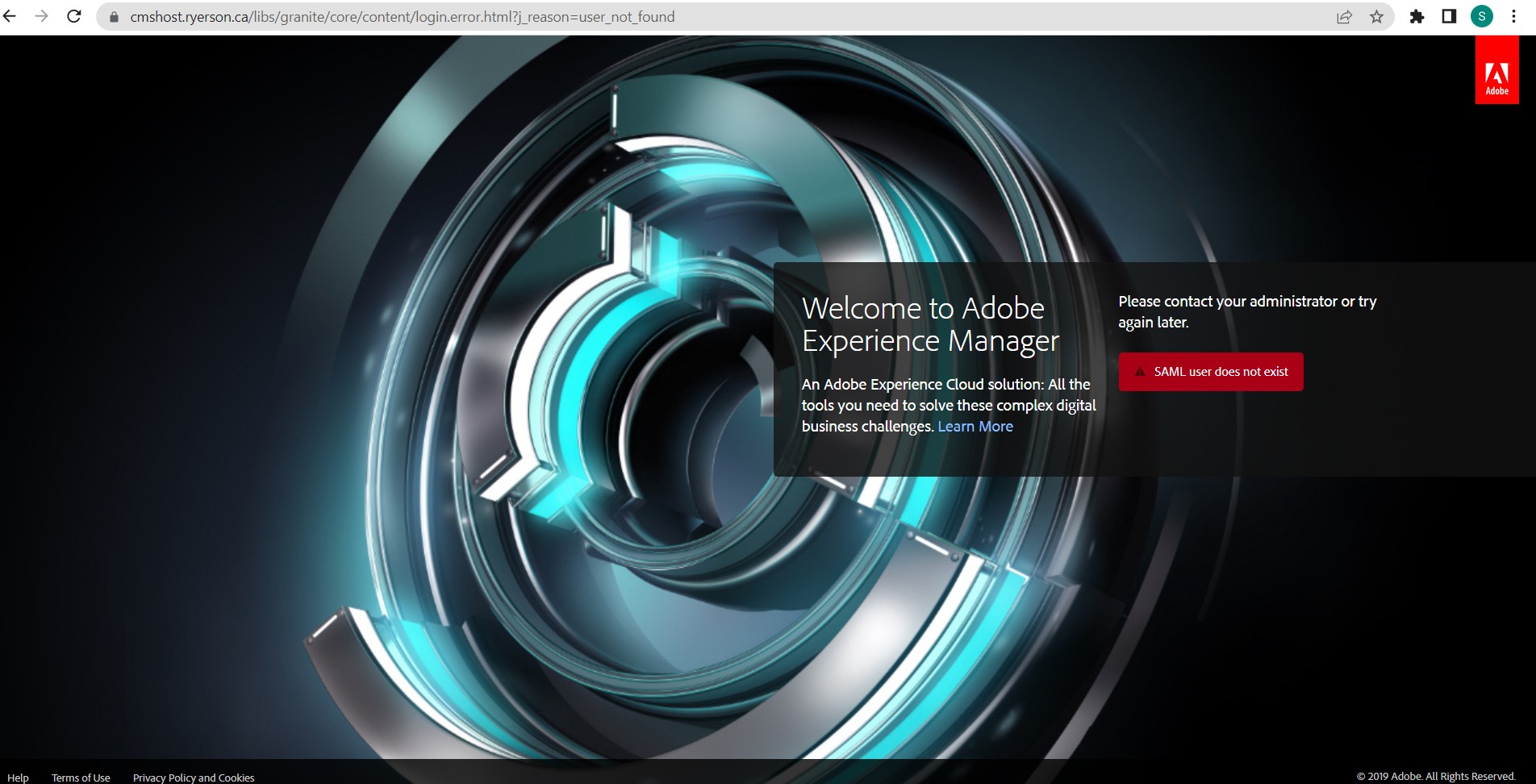 SAML error, which says, "Welcome to Adobe Experience Manager. Please contact your administrator or try again later."