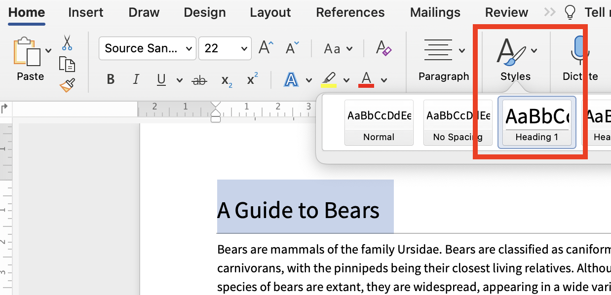 Screenshot of the Styles button and pane within Microsoft Word.