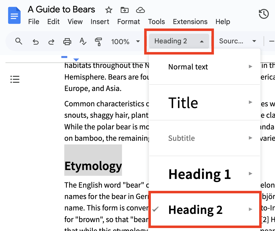 Screenshot of Google Doc's Styles button with the Heading 2 style selected.