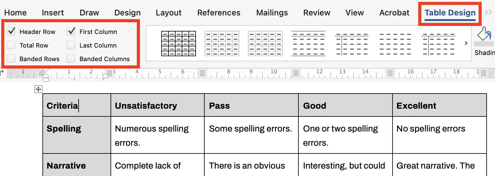 Screenshot of Microsoft Word's Table Design tab with Header Row and First column selected within the ribbon.