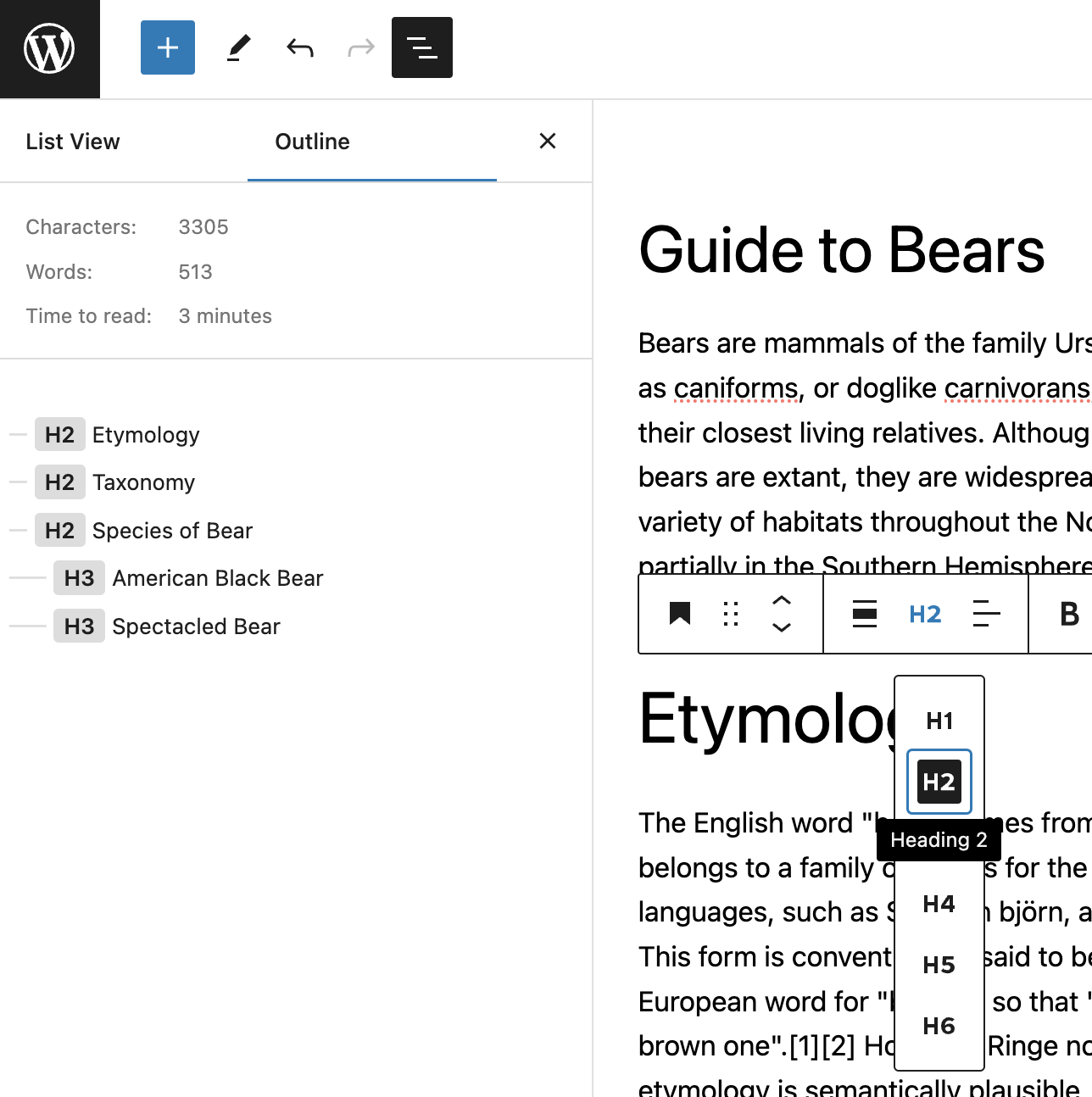 Screenshot of WordPress's heading selection button within the Heading block of the page editor.
