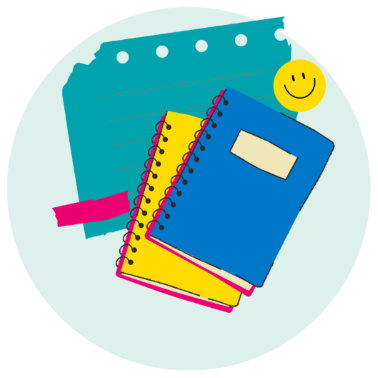 Icon for Peer Note-Taking Program showing a paper, notebooks, and smile face emoji