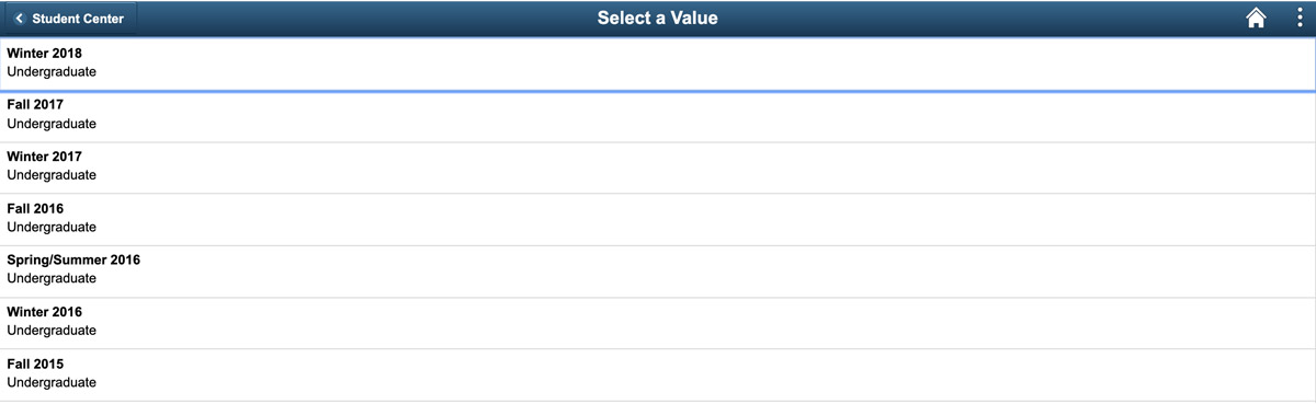 Select a Value page in MyServiceHub showing available terms to select.