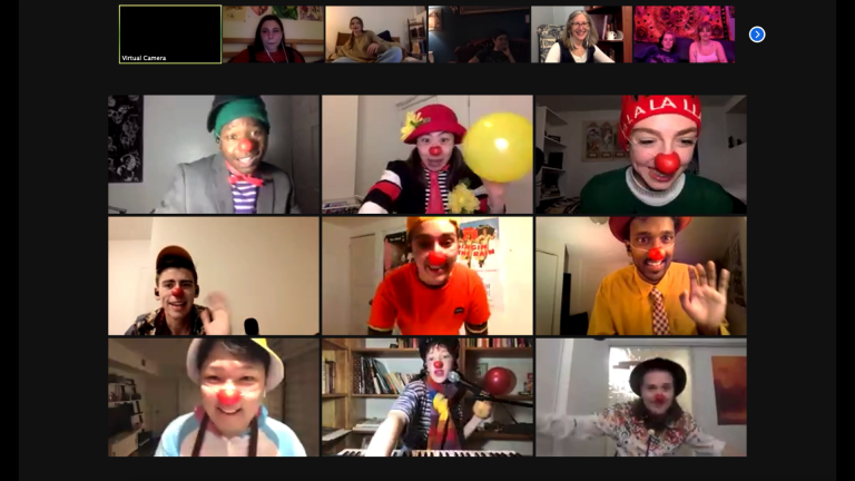 A zoom video call screenshot of clowns