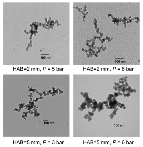 TEM images of soot aggregates collected from flames at elevated pressures