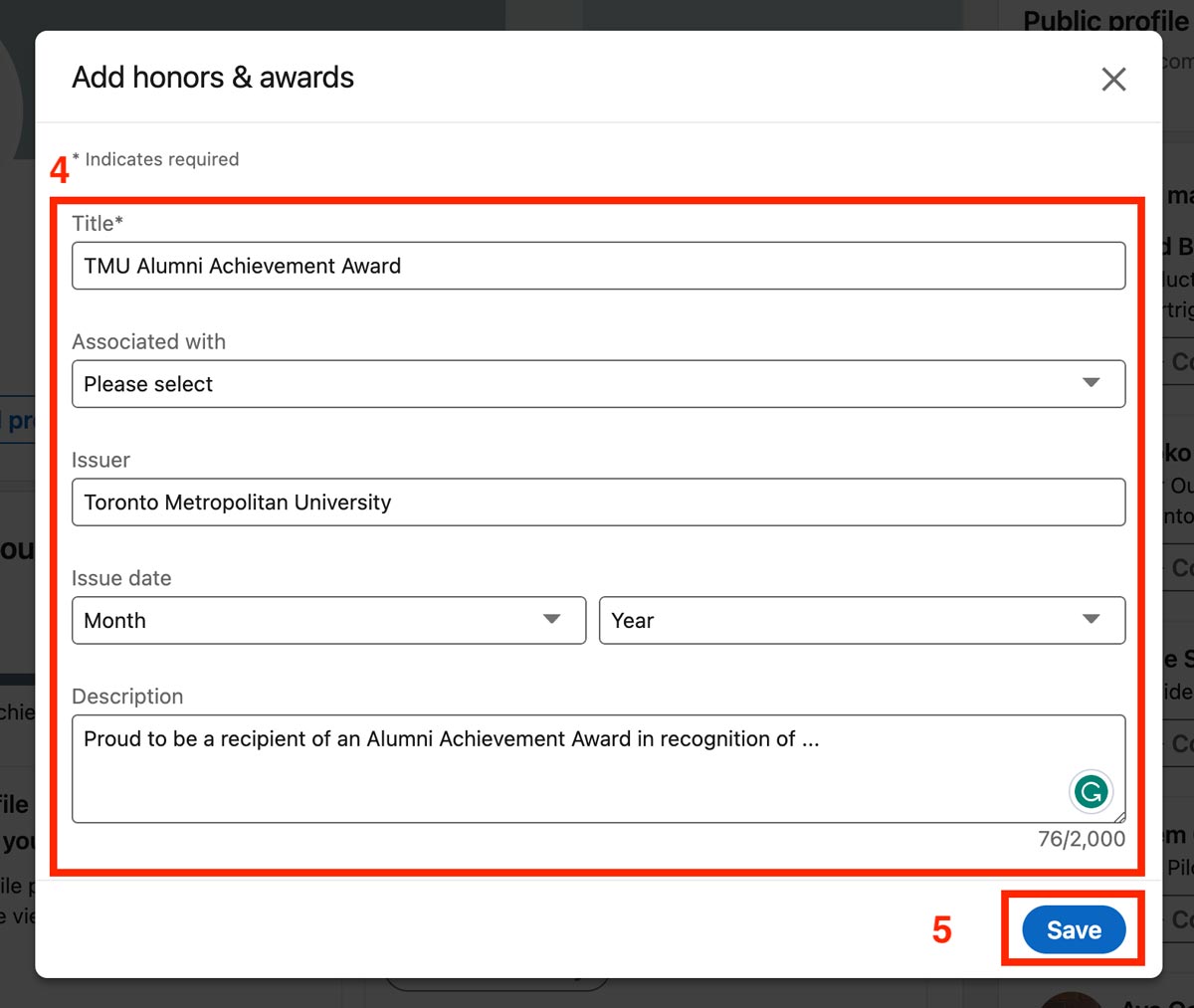 Linkedin screenshot "Add honors & awards" interface