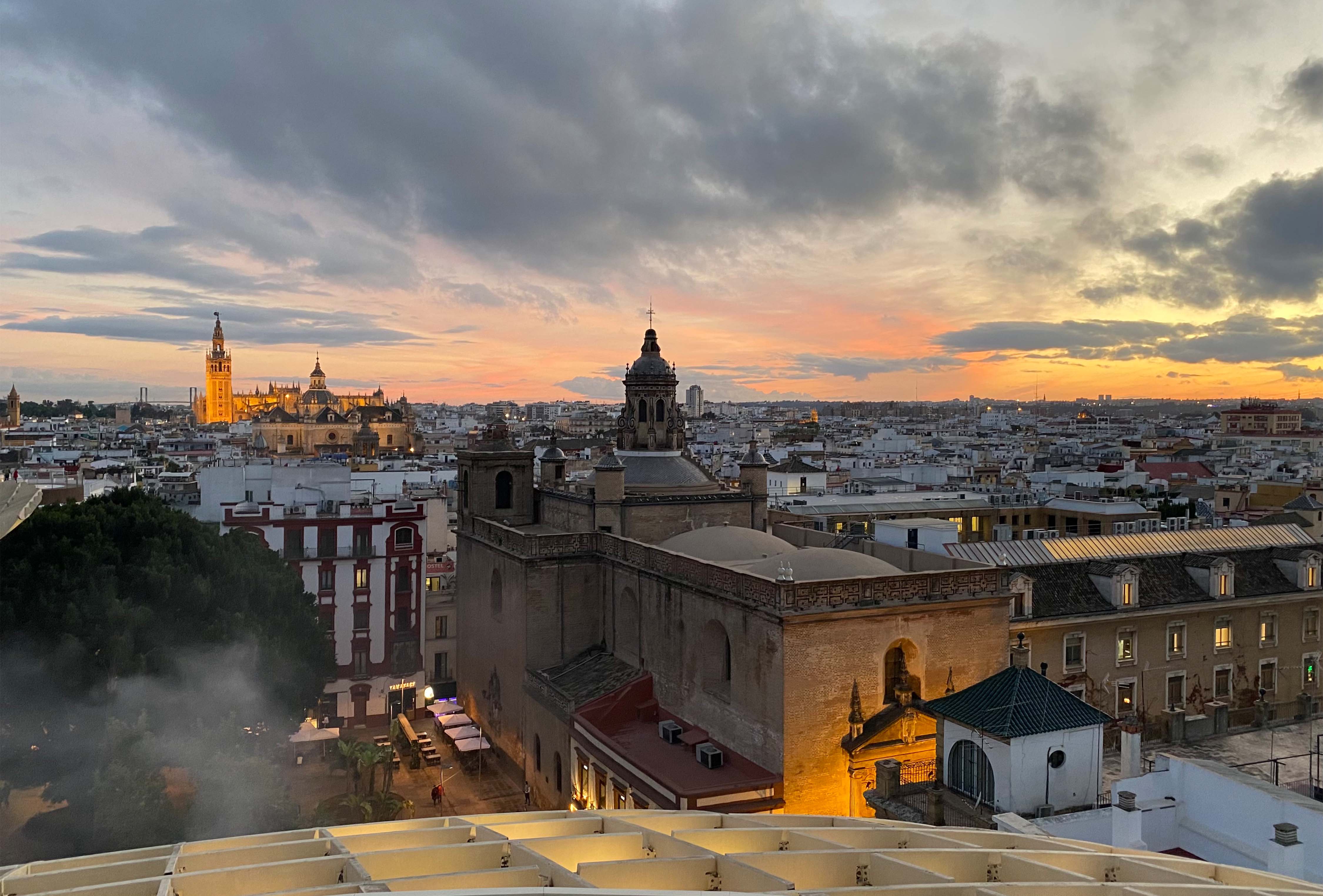 View from the top of Metropol Parasol in Seville, Spain at sunset. 