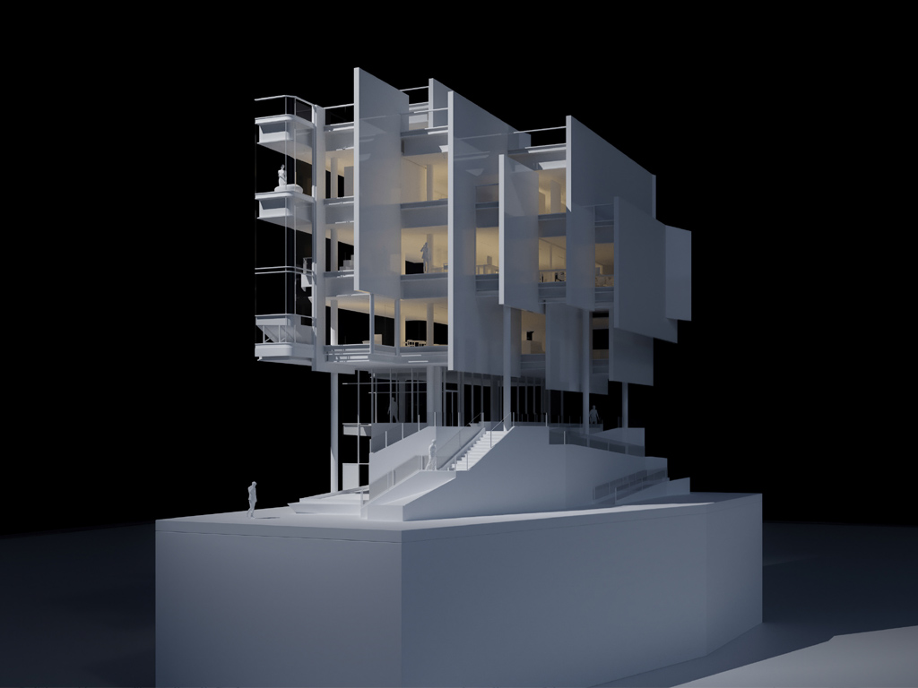 Carolina Ramirez Tenorio and Alvin Huang's render of a building titled Idea Exchange — Parkdale