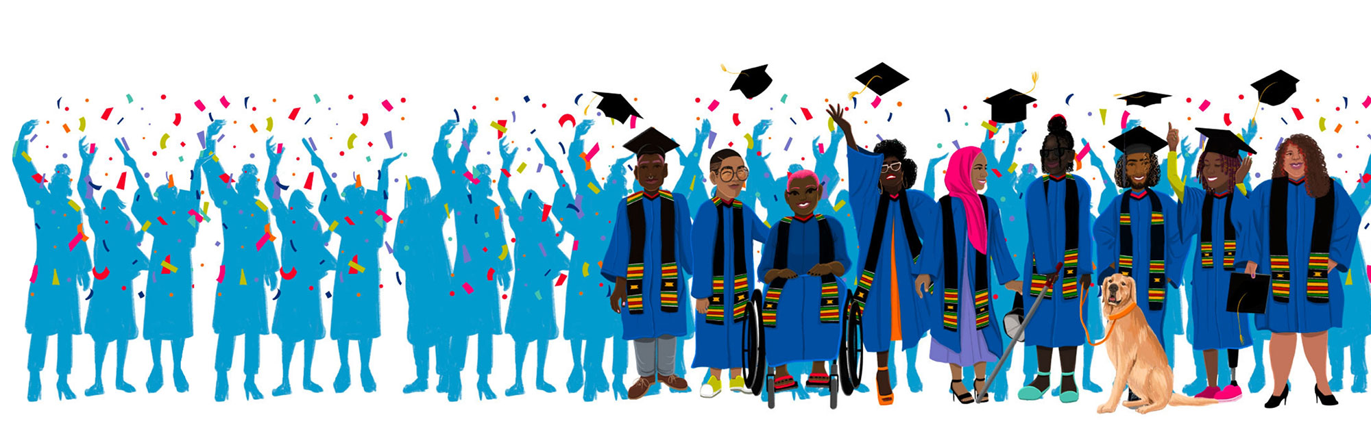 An illustration of a diverse group of Black identified graduating students