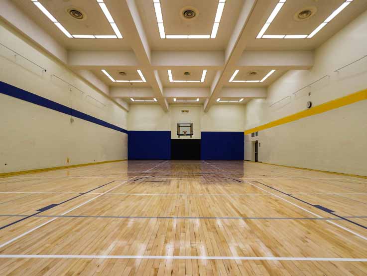 The basketball court of Kerr Hall's Lower Gym