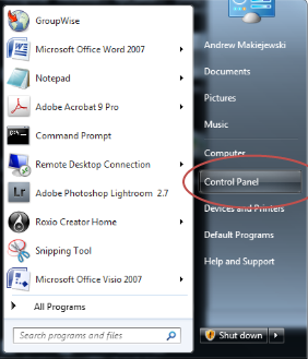 Windows Start Panel. Control Panel is highlighted on the right side of the panel.