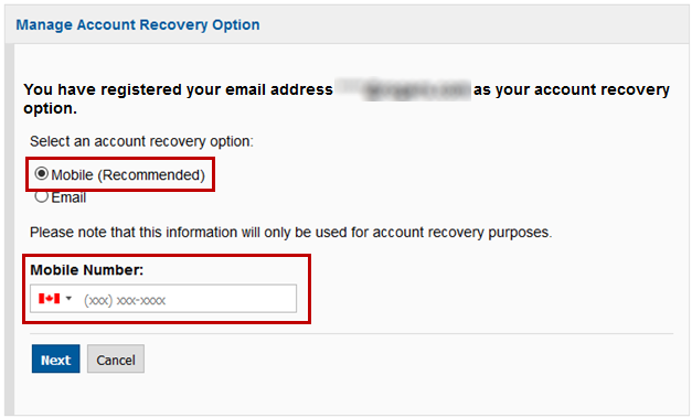 Screencap of account recovery page with mobile entry field