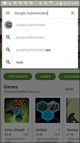 Google Play Store Search Screen. Google Authenticator is typed in search bar.