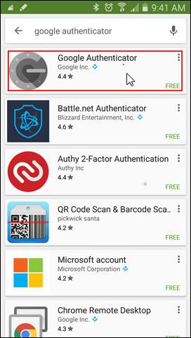 Google Authenticator App is highlighted from results of search in the Play Store.