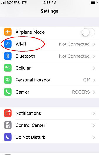 Settings window with the Wi-Fi option highlighted