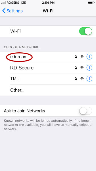 Wi-Fi Networks window with eduroam highlighted.