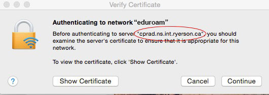 Network certificate window with the server highlighted within the body paragraph. Click continue.