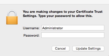 Admin password window. Enter your computer's admin credentials and click "Update Settings"