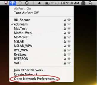 Airport dropdown with Open Network Preferences highlighted.