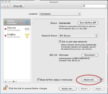 Network preferences window with "Advanced..." highlighted in the lower right of the screen.