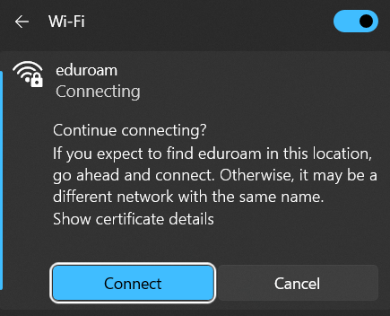 eduroam certificate connection prompt